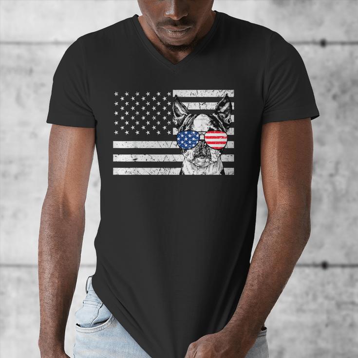 Boston Terrier Dog 4th Of July US American Flag Patriotic Men's V-Neck T-Shirt, Patriotic Boston Terrier Gifts, American Boston Terrier Gifts, Boston Terrier 4th Of July Gifts, funny design
