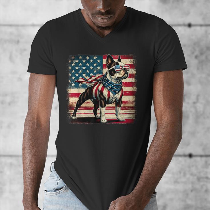 Boston Terrier Dog 4th Of July USA American Flag Patriotic Men's V-Neck T-Shirt, Patriotic Boston Terrier Gifts, American Boston Terrier Gifts, Boston Terrier 4th Of July Gifts, funny design