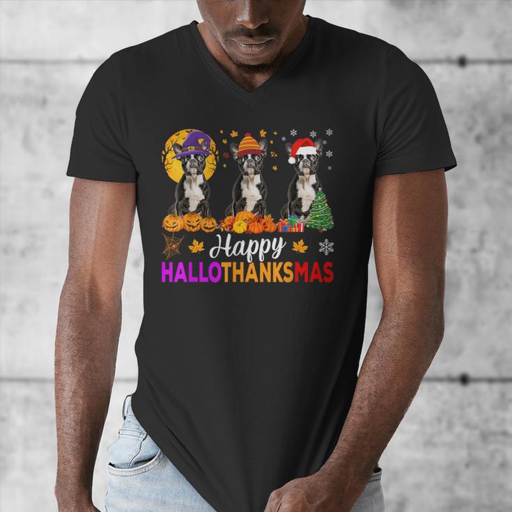 Boston Terrier Dog Halloween Christmas Hallothanksmas Men Women Kids Men's V-Neck T-Shirt, Boston Terrier Christmas Gifts, Boston Terrier Halloween Gifts, funny design