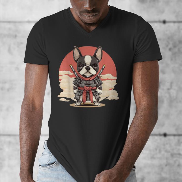 Boston Terrier Dog Japanese Style Samurai Dogs Men's V-Neck T-Shirt, funny design