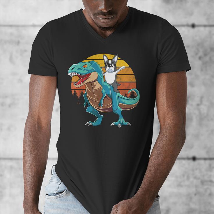 Boston Terrier Dog Riding Dinosaur T Rex Boys Men's V-Neck T-Shirt, Boston Terrier Riding Gifts, funny design