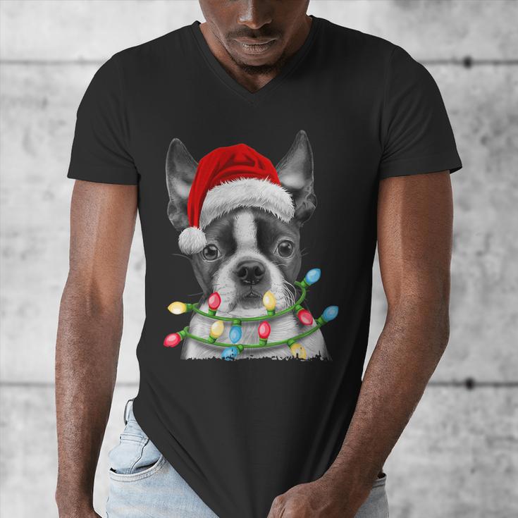 Boston Terrier Dog Santa Christmas Tree Lights Xmas Men's V-Neck T-Shirt, Boston Terrier Christmas Gifts, funny design