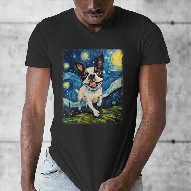 Boston Terrier Dog Starry Night Painting Men's V-Neck T-Shirt, funny design