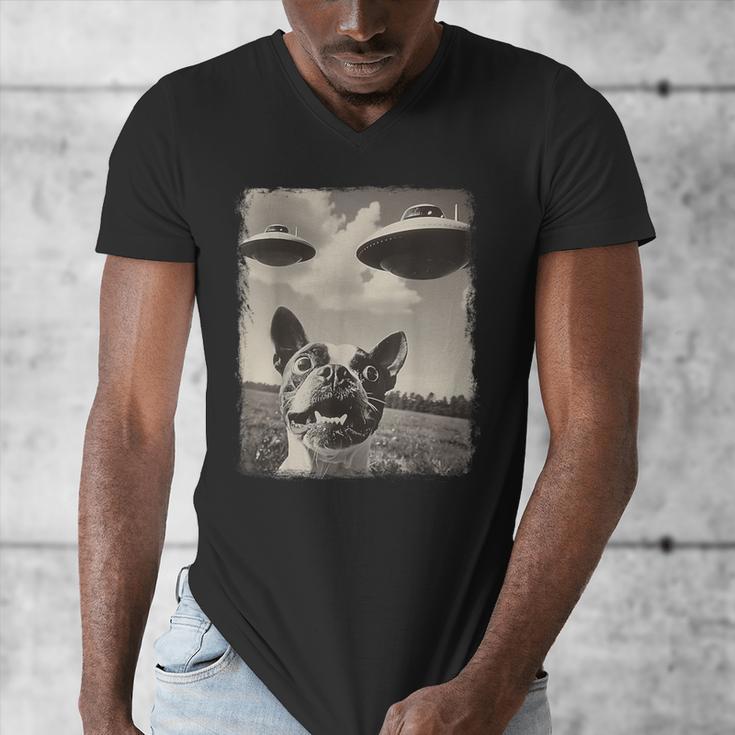 Boston Terrier Dog UFO Alien Extraterrestrial Selfie Men's V-Neck T-Shirt, funny design