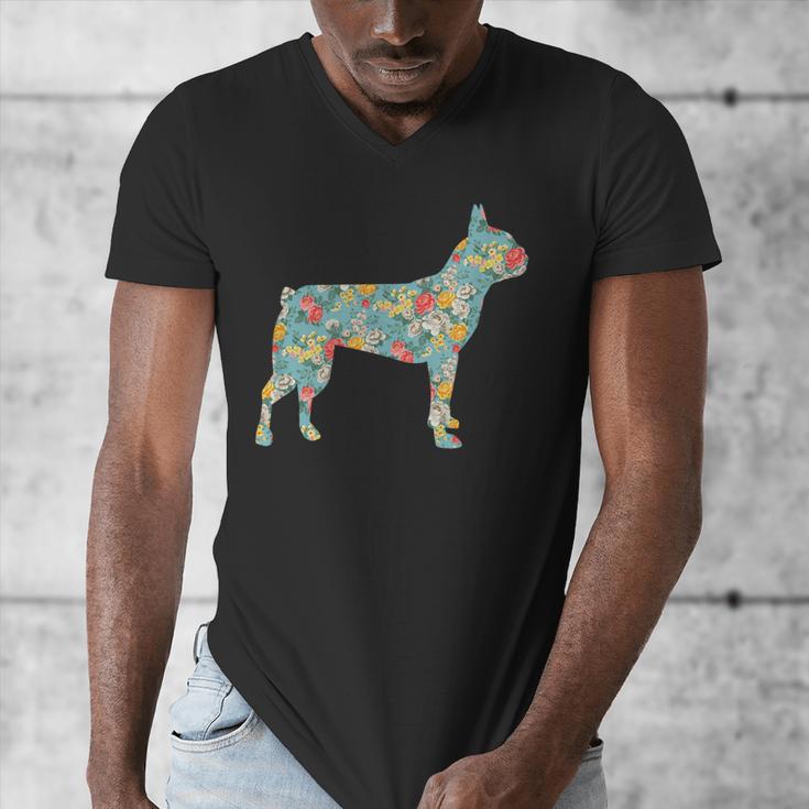 Boston Terrier Flower Silhouette Floral Dog Men Women Girls Kids Men's V-Neck T-Shirt, funny design