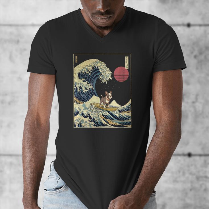 Boston Terrier Japanese Kanagawa Wave Surf Dog Men's V-Neck T-Shirt, funny design