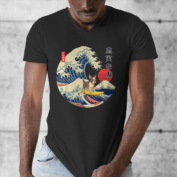 Boston Terrier Japanese Kanagawa Wave Surf Loyal Dog Men Women Kids Men's V-Neck T-Shirt, funny design