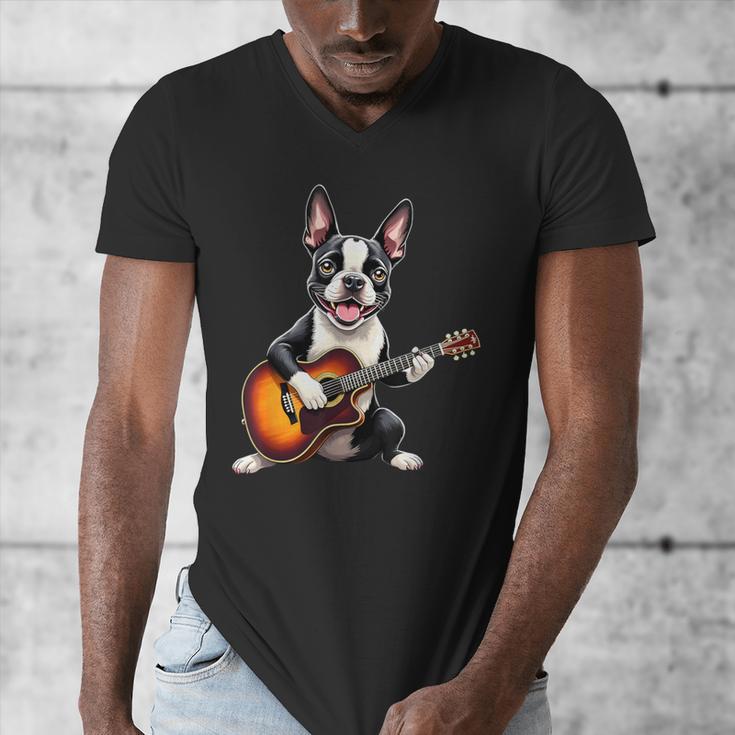 Boston Terrier Playing Guitar Boston Terrier Men's V-Neck T-Shirt, funny design
