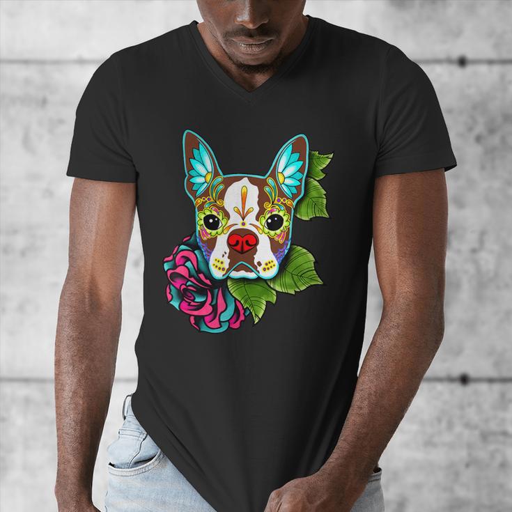 Boston Terrier In Red Day Of The Dead Sugar Skull Dog Men's V-Neck T-Shirt, funny design