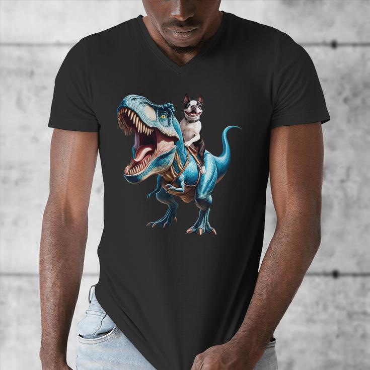 Boston Terrier Riding T-Rex Dinosaur Dog Lover Men's V-Neck T-Shirt, Boston Terrier Riding Gifts, funny design