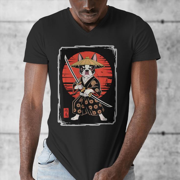 Boston Terrier Samurai Ninja Vintage Anime Japanese Ukiyo-e Men's V-Neck T-Shirt, funny design