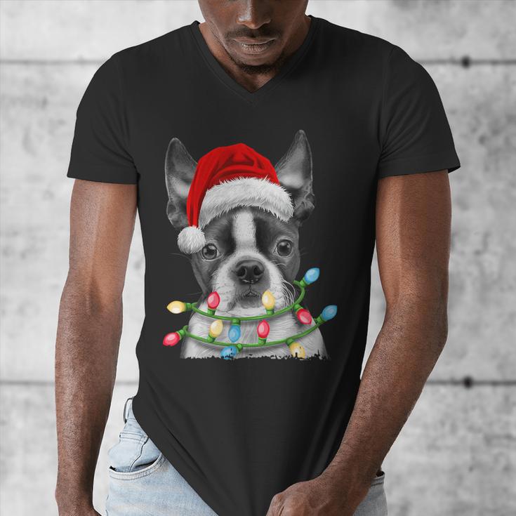 Boston Terrier Santa Christmas Tree Lights Xmas Boys Men Dog Men's V-Neck T-Shirt, Boston Terrier Christmas Gifts, funny design