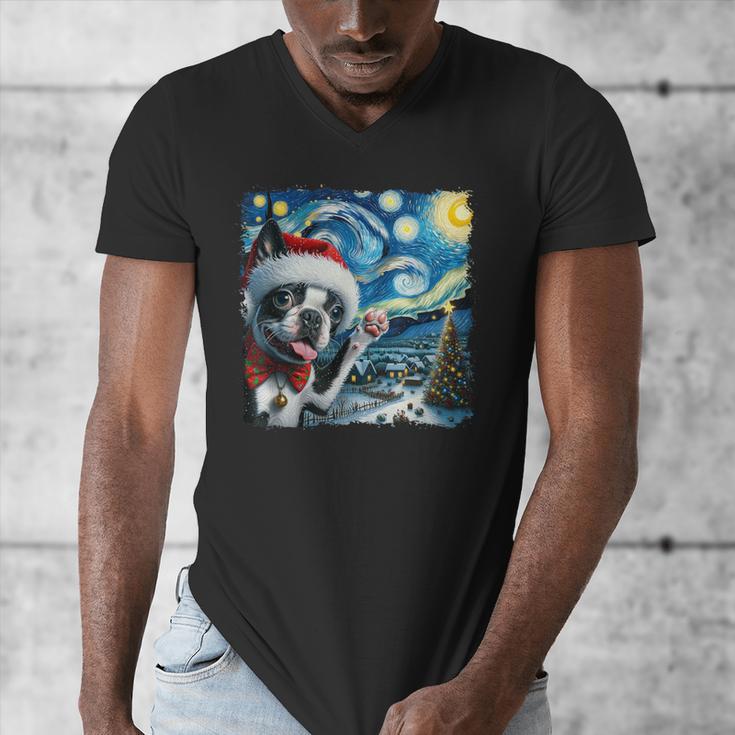Boston Terrier Santa Starry Night Van Gogh Christmas Dog Men Women Kids Men's V-Neck T-Shirt, Boston Terrier Christmas Gifts, funny design