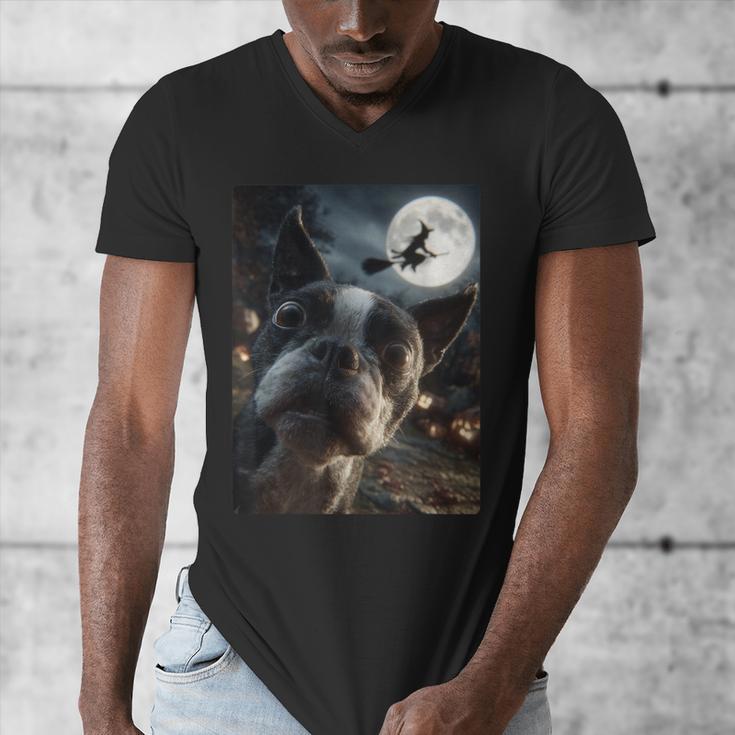 Boston Terrier Selfie Full Moon Flying Witch Halloween Dog Men's V-Neck T-Shirt, Boston Terrier Halloween Gifts, funny design