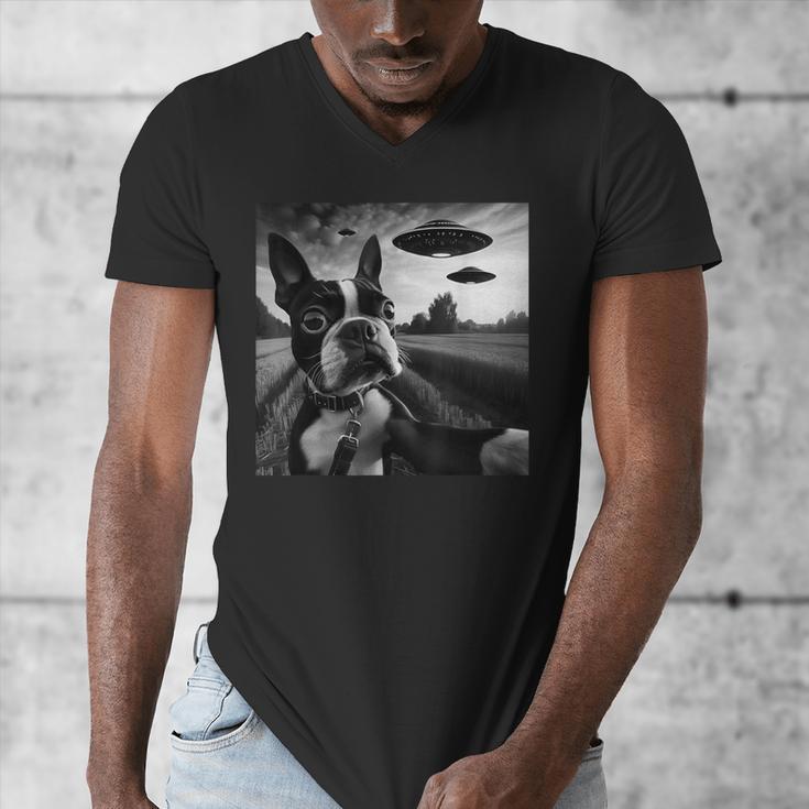 Boston Terrier Graphic Selfie With UFOs Weird Aliens Men's V-Neck T-Shirt, funny design