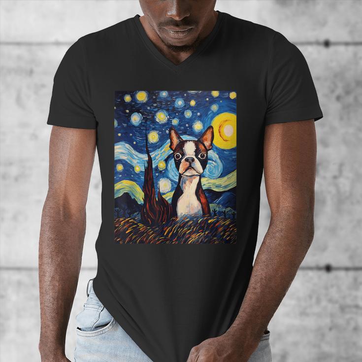 Boston Terrier Starry Night Van Gogh Art Men's V-Neck T-Shirt, funny design