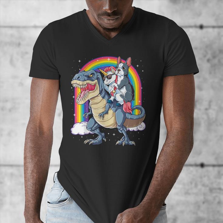 Boston Terrier Unicorn Riding Dinosaur T-Rex Girls Rainbow Men's V-Neck T-Shirt, Boston Terrier Riding Gifts, funny design