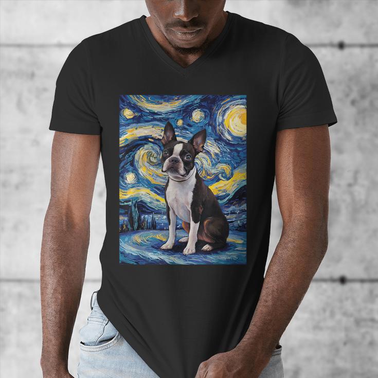Boston Terrier Van Gogh Starry Night Men's V-Neck T-Shirt, funny design