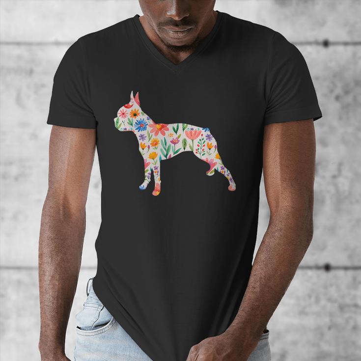 Boston Terrier Watercolor Flowers Men's V-Neck T-Shirt, funny design