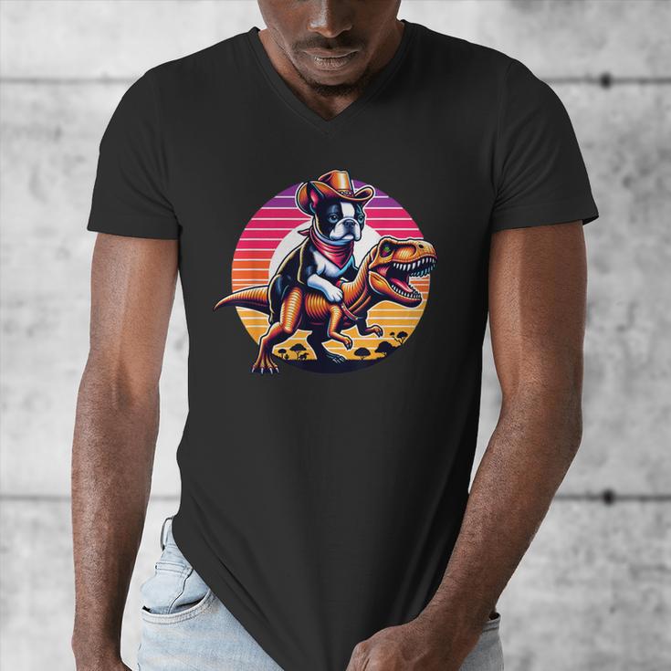 Boston Terrier Wearing A Cowboy Hat On T-Rex Men's V-Neck T-Shirt, funny design