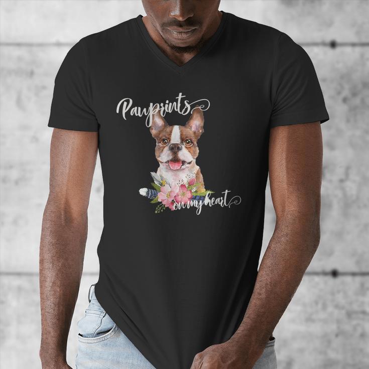 Brown Boston Terrier With Flowers And Feathers Men's V-Neck T-Shirt, funny design