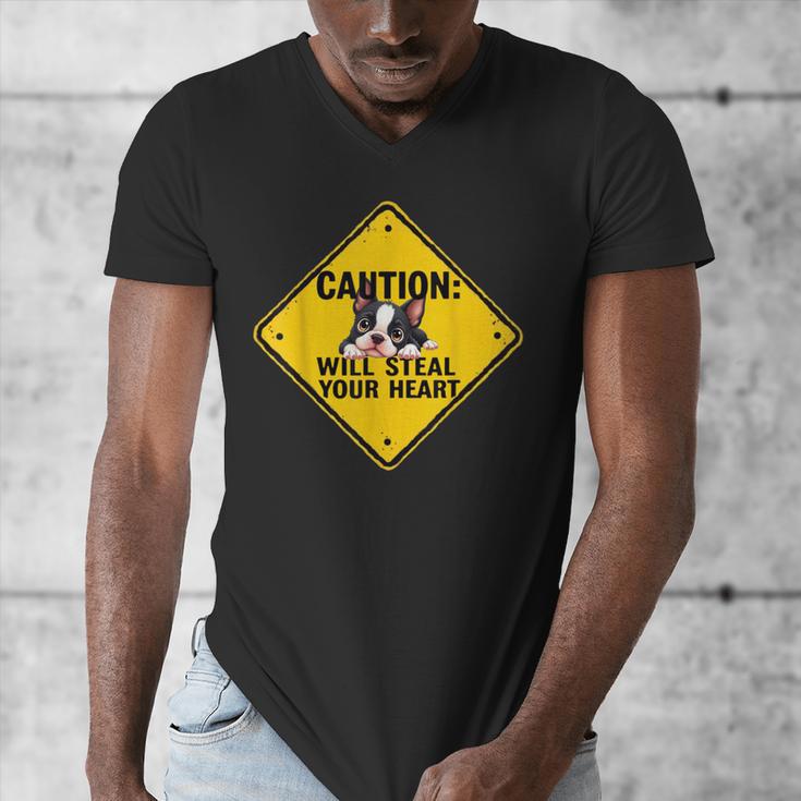 Caution Sign Boston Terrier Dog Bostie Puppy Men's V-Neck T-Shirt, funny design
