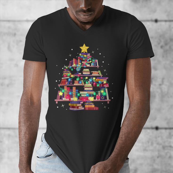 Christmas Library Tree Love Reading Books Nerd Teacher Men's V-Neck T-Shirt, funny design