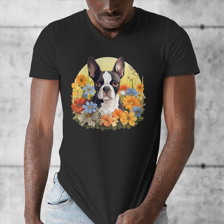 Cute Boston Terrier Spring Flower Garden Colorful Puppy Dog Men's V-Neck T-Shirt, funny design