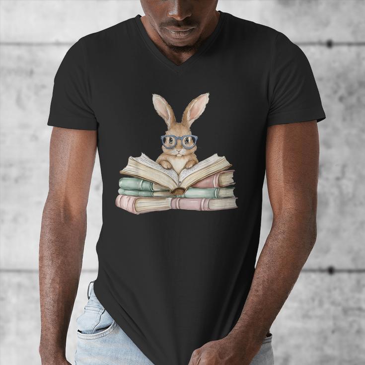 Cute Reading Bunny Glasses Books Bookworm Reader Teacher Men's V-Neck T-Shirt, funny design