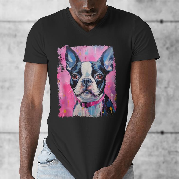 Dog Pink Boston Terrier Men's V-Neck T-Shirt, funny design