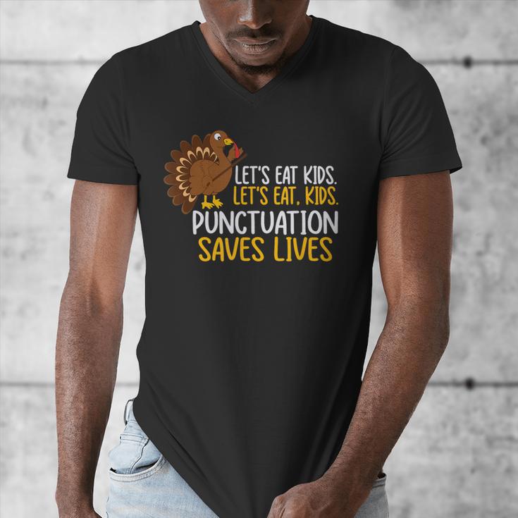 Lets Eat Kids Punctuation Turkey Thanksgiving Teacher Men's V-Neck T-Shirt, funny design