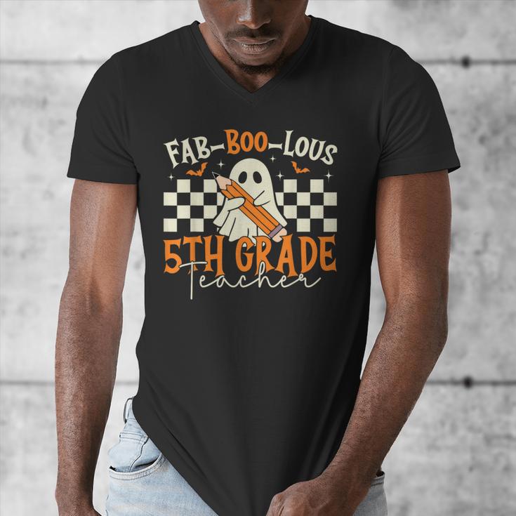 Fab Boo Lous 5th Grade Teacher Retro Ghost Spooky Halloween Men's V-Neck T-Shirt, funny design