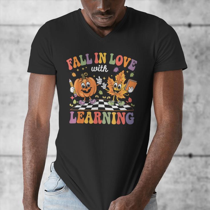 Fall In Love With Learning Autumn Fall Season Teacher Men's V-Neck T-Shirt, funny design