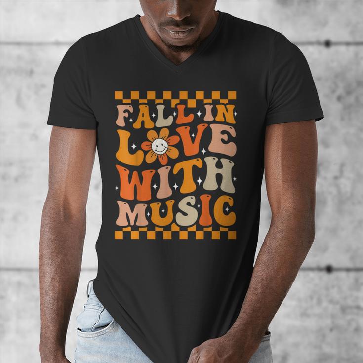 Fall In Love With Music Groovy Thanksgiving Music Teacher Men Women Girls Kids Men's V-Neck T-Shirt, Groovy Teacher Gifts, funny design