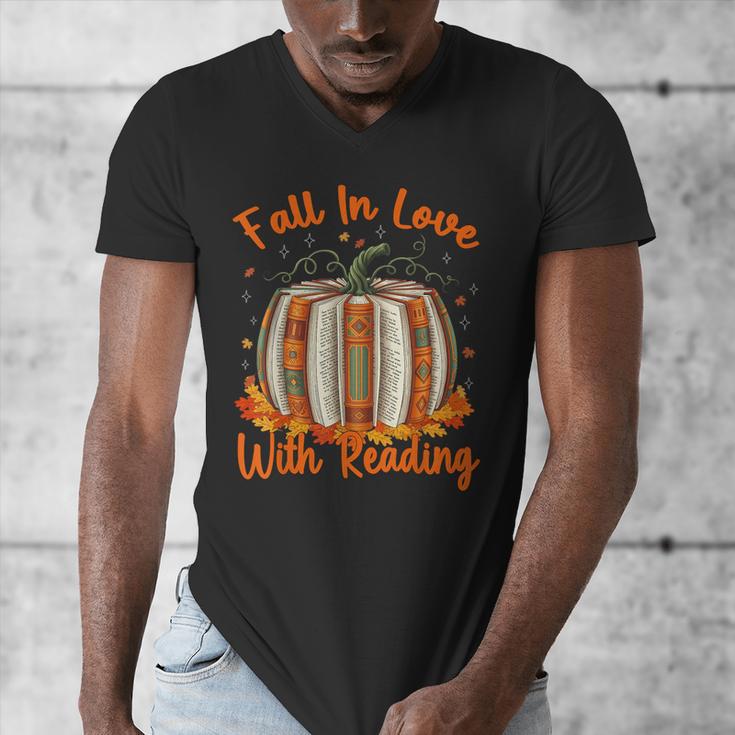 Fall In Love With Reading Pumpkin Autumn Librarians Teacher Men's V-Neck T-Shirt, funny design