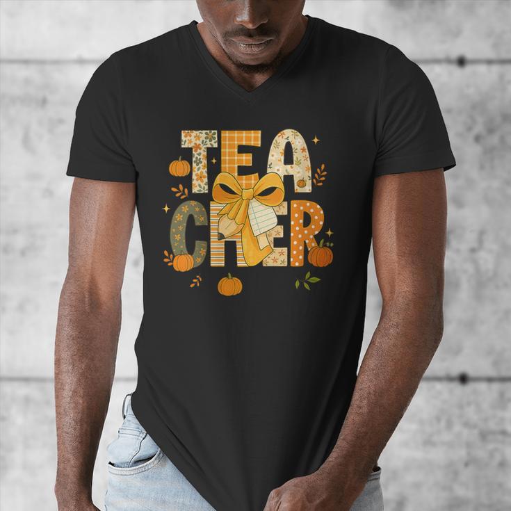 Fall Teacher Pumpkin Coquette Bow Autumn Classroom Men's V-Neck T-Shirt, funny design Fall Teacher Pumpkin Coquette Bow Autumn Classroom Men's V-Neck T-Shirt, funny design