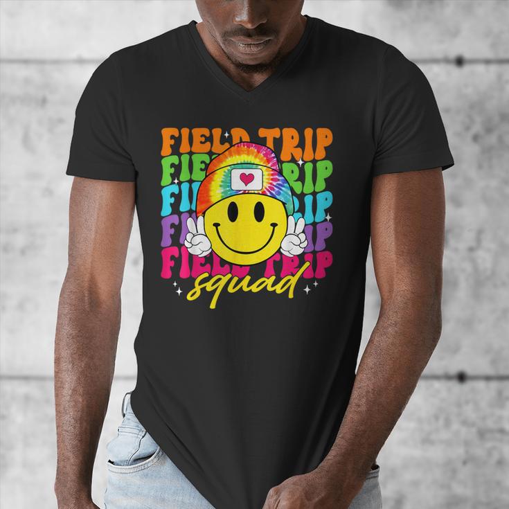 Field Trip Squad Groovy Field Day Smile Face Teacher Tie Dye Men's V-Neck T-Shirt, Groovy Teacher Gifts, funny design