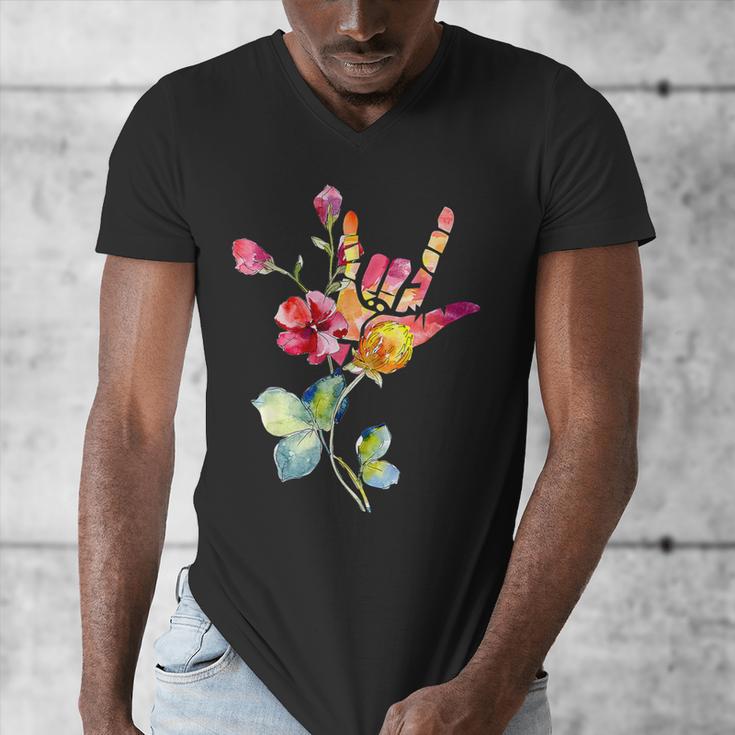 Flower American Sign Language ASL Teacher Teaching Deaf Men's V-Neck T-Shirt, funny design