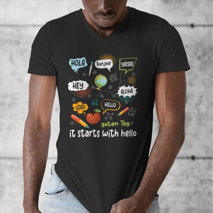 Friendship Inclusion Language Teacher It Starts With Hello Men's V-Neck T-Shirt, funny design Friendship Inclusion Language Teacher It Starts With Hello Men's V-Neck T-Shirt, funny design