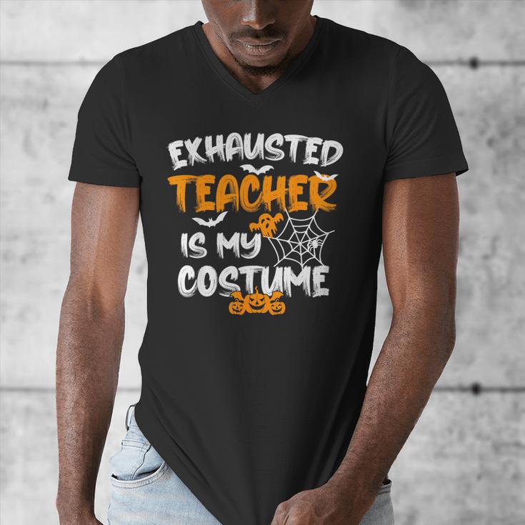 Fun Halloween Sayings Quotes Exhausted Teacher Is My Costume -Adults Short Sleeve Halloween Teacher T-Shirt Small Men's V-Neck T-Shirt, funny design