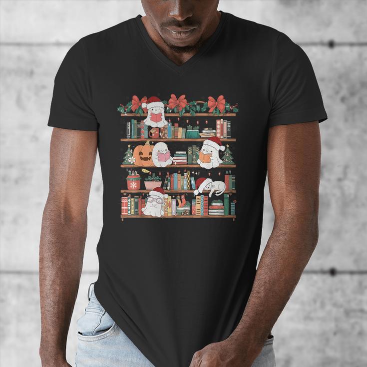 Ghost Christmas Reading Book Lover Library Christmas Teacher Men's V-Neck T-Shirt, funny design