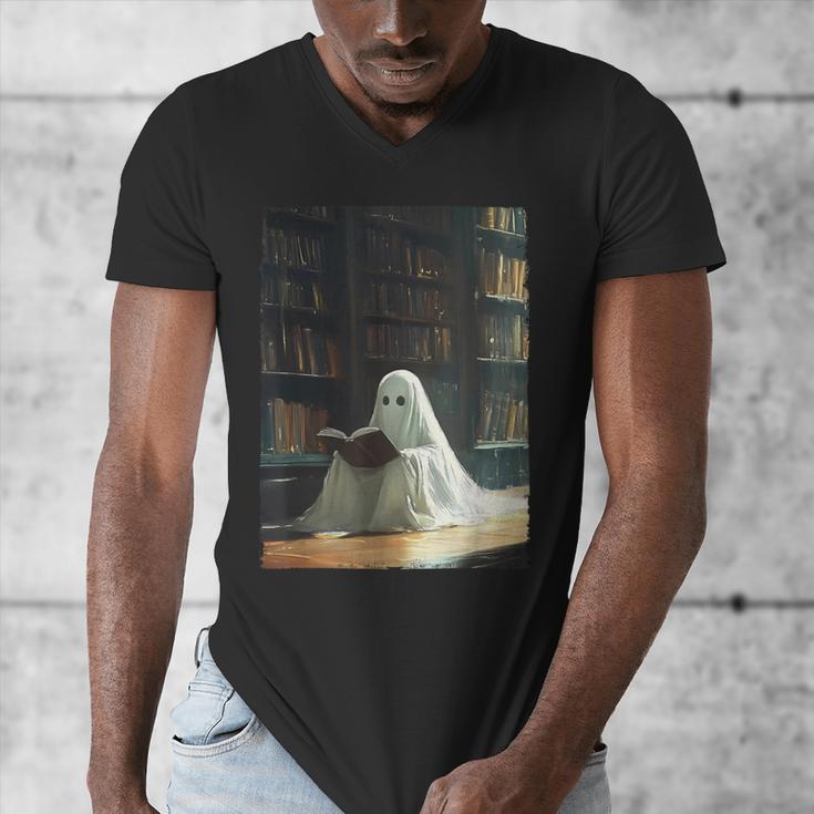 Ghost Library Halloween Book Reading Books Lover Teacher Men's V-Neck T-Shirt, funny design