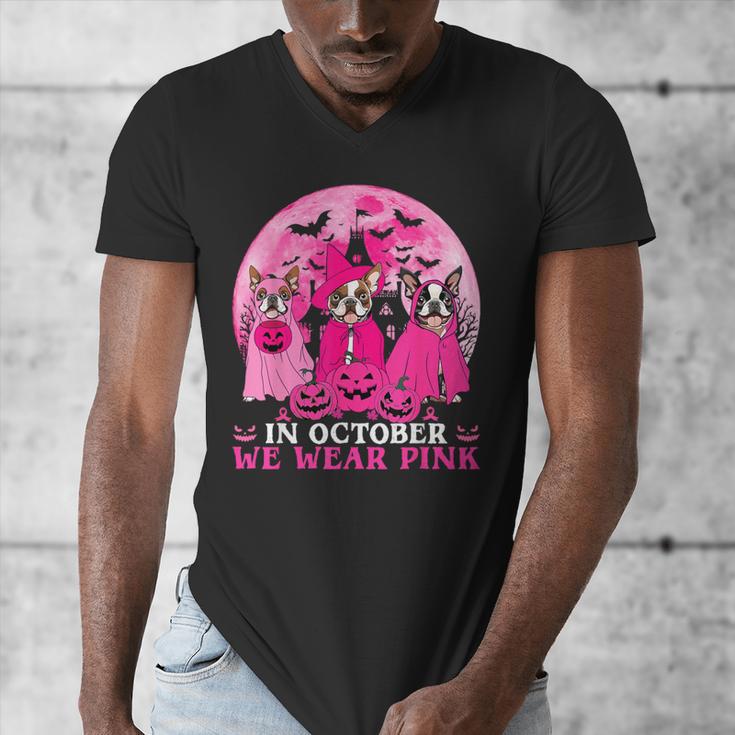 Ghost And Witch Boston Terrier Dog In October We Wear Pink Men's V-Neck T-Shirt, Boston Terrier Ghost Gifts, funny design