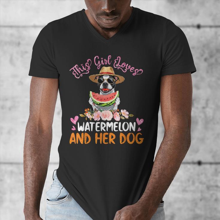 This Girl Loves Watermelon And Her Boston Terrier Dog Mother Men's V-Neck T-Shirt, funny design