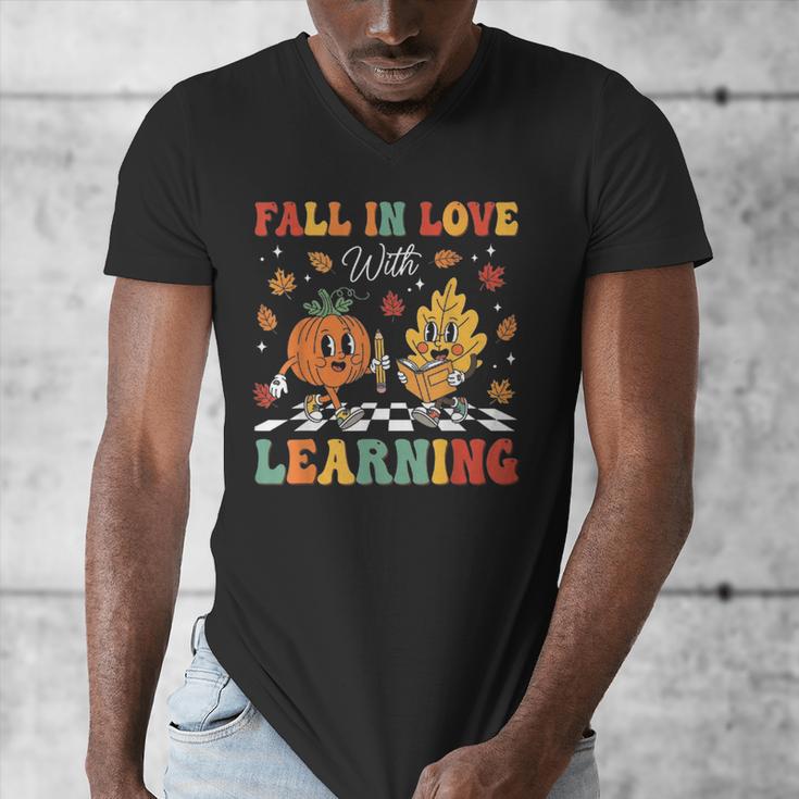 Groovy Fall In Love With Learning Autumn Pumpkin Teacher Men's V-Neck T-Shirt, Groovy Teacher Gifts, funny design Groovy Fall In Love With Learning Autumn Pumpkin Teacher Men's V-Neck T-Shirt, Groovy Teacher Gifts, funny design