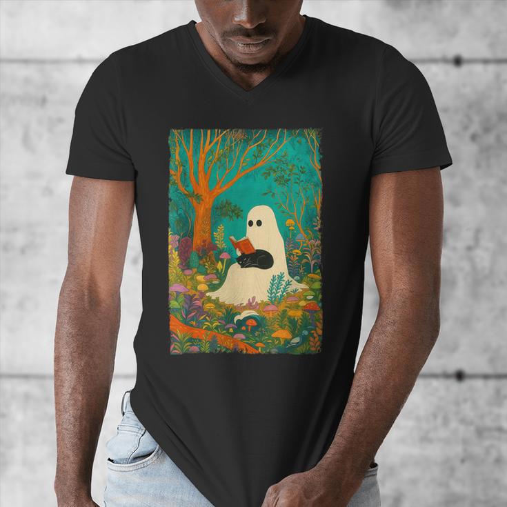 Groovy Ghost Reading Book Cat Halloween Ghost Teacher Men's V-Neck T-Shirt, Groovy Teacher Gifts, funny design Groovy Ghost Reading Book Cat Halloween Ghost Teacher Men's V-Neck T-Shirt, Groovy Teacher Gifts, funny design