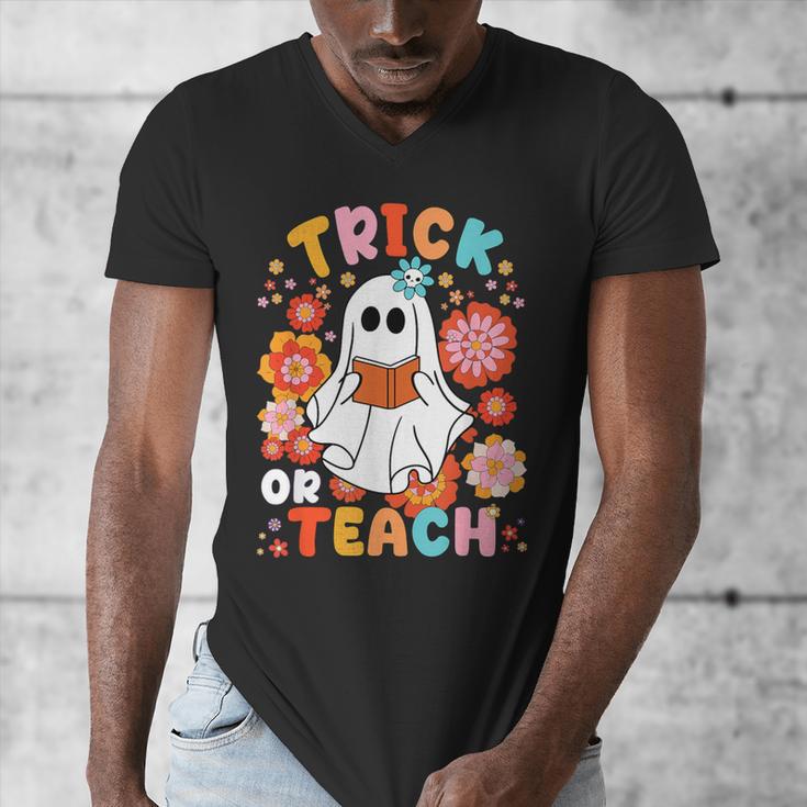 Groovy Halloween Trick Or Teach Retro Floral Ghost Teacher For Men Women Kids Men's V-Neck T-Shirt, Groovy Teacher Gifts, funny design