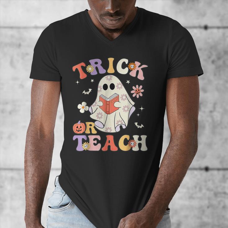 Groovy Halloween Trick Or Teach Retro Floral Ghost Teacher Men's V-Neck T-Shirt, Groovy Teacher Gifts, funny design Groovy Halloween Trick Or Teach Retro Floral Ghost Teacher Men's V-Neck T-Shirt, Groovy Teacher Gifts, funny design
