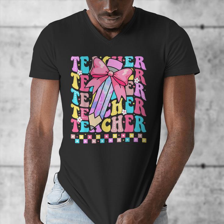 Groovy Teacher Cute Coquette Bow Flower Retro Back To School Men's V-Neck T-Shirt, Groovy Teacher Gifts, funny design