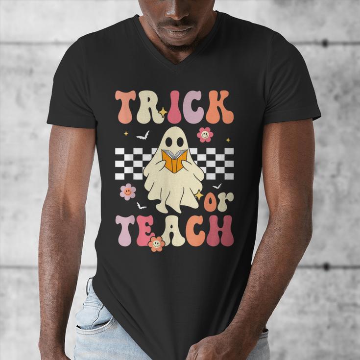 Groovy Teacher Halloween Retro Trick Or Teach Floral Ghost Men's V-Neck T-Shirt, Groovy Teacher Gifts, funny design Groovy Teacher Halloween Retro Trick Or Teach Floral Ghost Men's V-Neck T-Shirt, Groovy Teacher Gifts, funny design